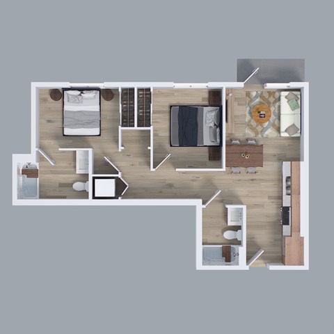 Floor plan for 2 beds, 2 baths, 869 sqft